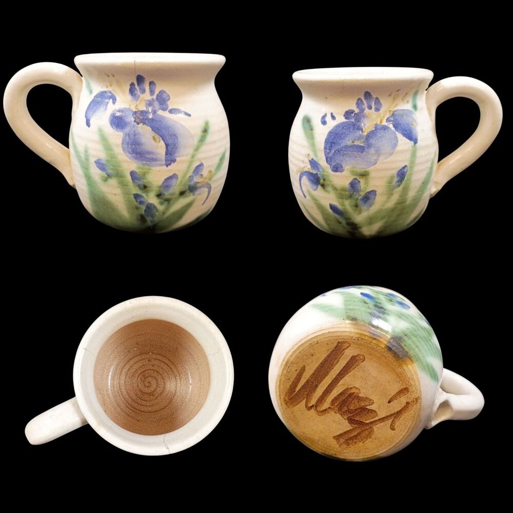 Vintage Artist Signed Pottery Pitcher Cup Mug Blue Iris Flower Coilpot Hand Made